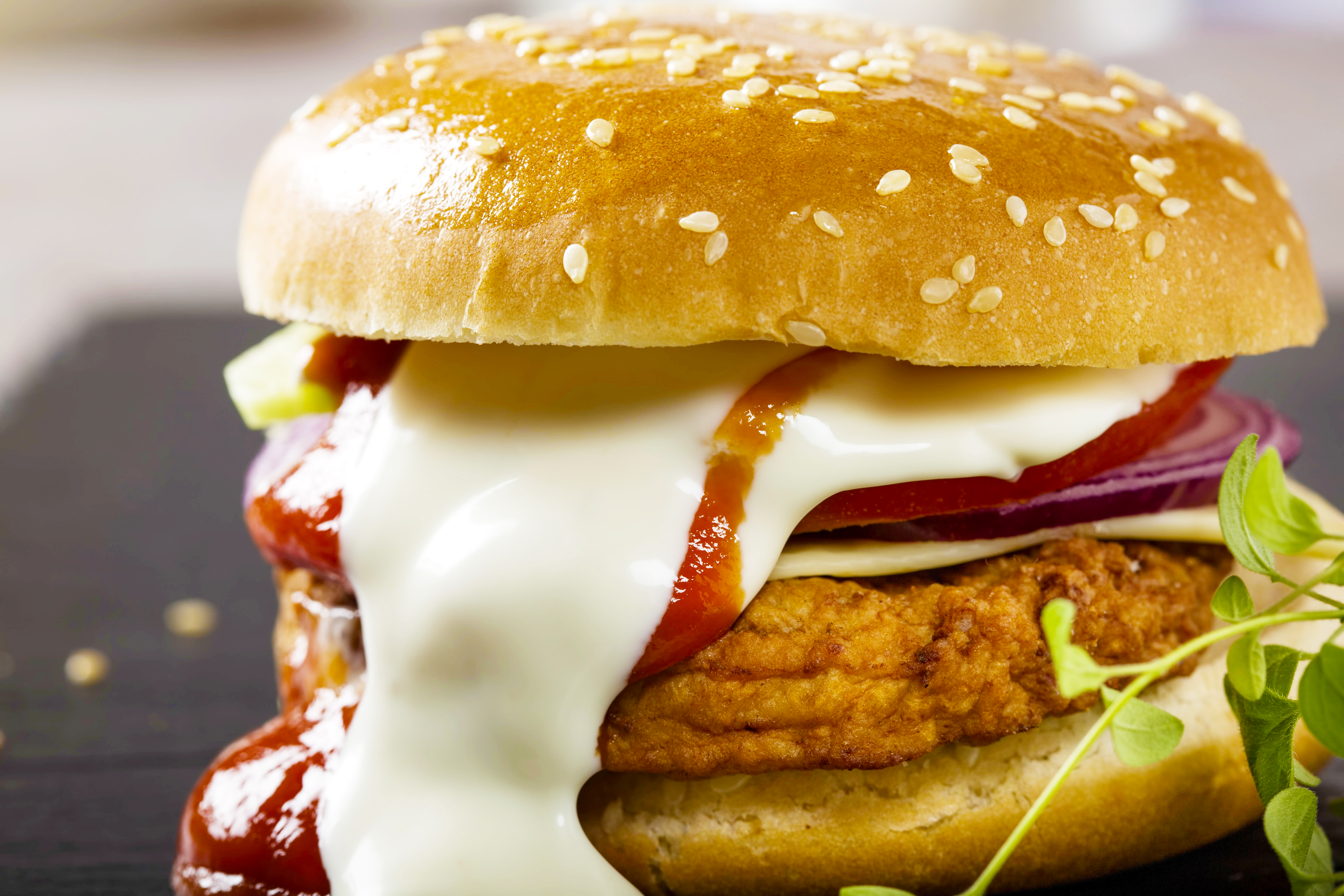 Close up of a cheeseburger with tomato and mayonnaise sauce on slate